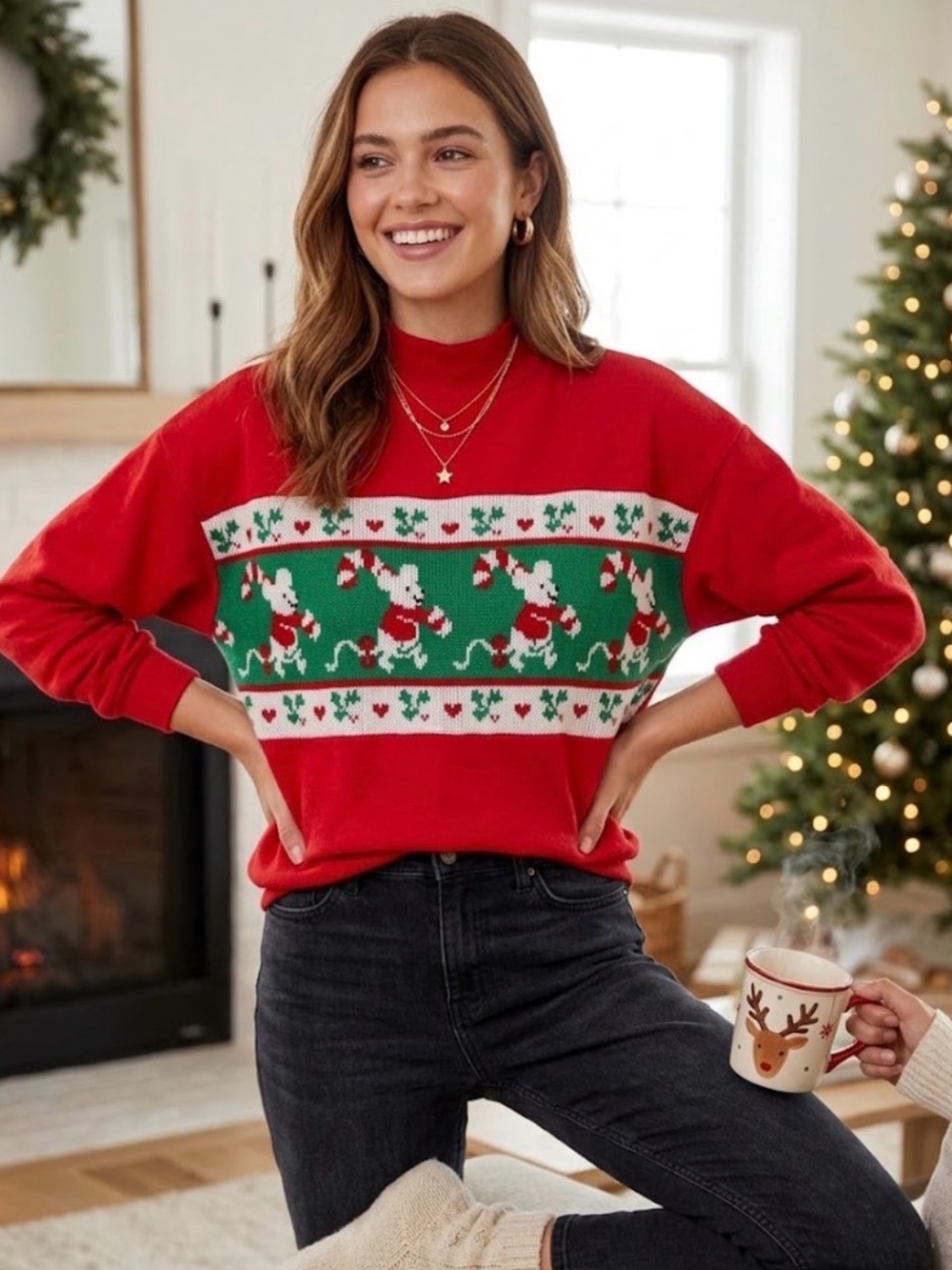 Vintage 🎄Grandma Mock Neck Ugly Christmas Crew Neck crochet Sweatshirt